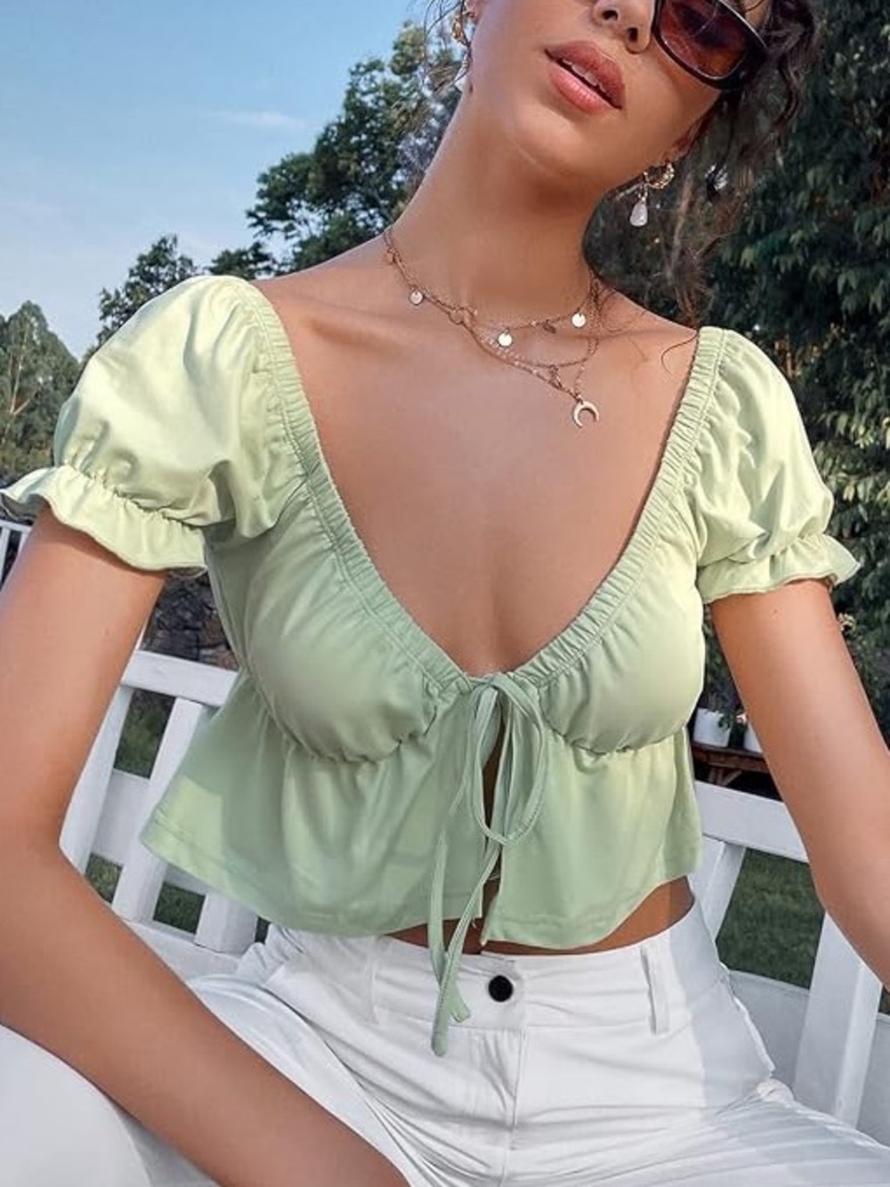 SHEIN Light Green Tie-Front Puff Sleeve Crop Top